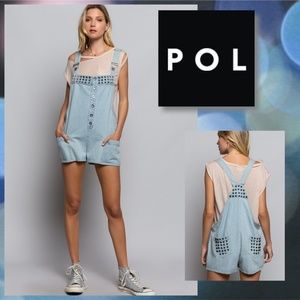 📌 POL Faded Denim Shorts Overall Style Romper Stud Details Button Front, Pockets